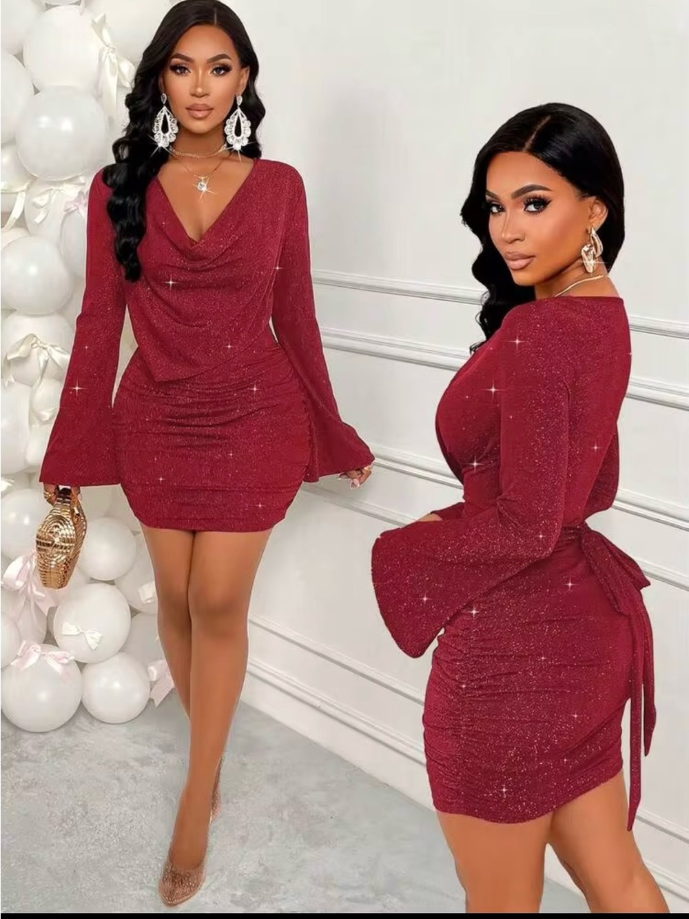 Sparkle Red Cowl Neck Bodycon Dress - Women's